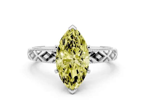 Fancy Yellow Marquise Cut Solitaire Diamond Ring with Milgrain and Black Enamel X Pattern Band Platinum