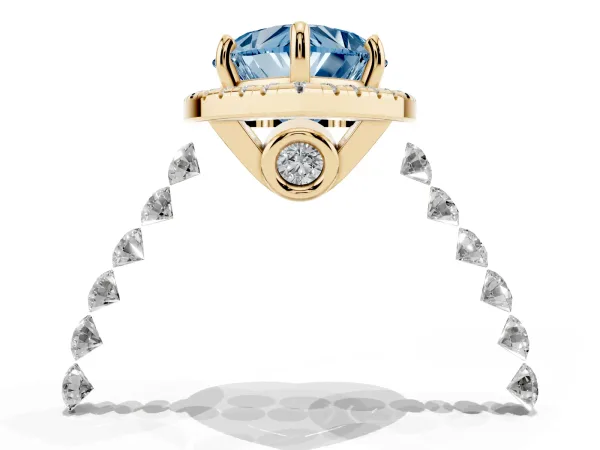 Fancy Blue Heart Cut Halo Pavé Diamond Engagement Ring with Four-Prong Setting Yellow gold