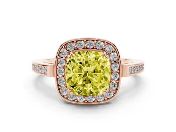 Fancy Yellow Cushion Cut Diamond Halo Ring with Split Shank and Four-Prong Setting Rose gold