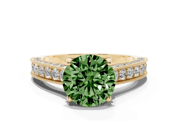 Fancy Green Round Cut Cut Diamond Solitaire Ring with Milgrain Pave Band and Four Prong Setting Yellow gold