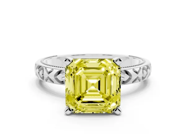 Fancy Yellow Asscher Cut Solitaire Diamond Engagement Ring with XO Engraved Band and Four-Prong Setting White gold