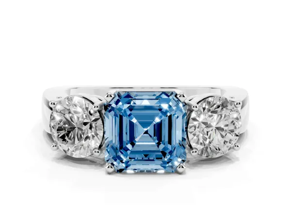 Fancy Blue Three-Stone Asscher Cut Diamond Ring with Round Side Stones, Classic Band, and Four-Prong Setting Platinum