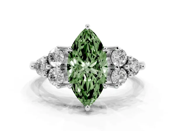 Fancy Green Marquise Cut Brilliant Diamond Cluster Accent Solitaire Ring with Prong Setting Platinum
