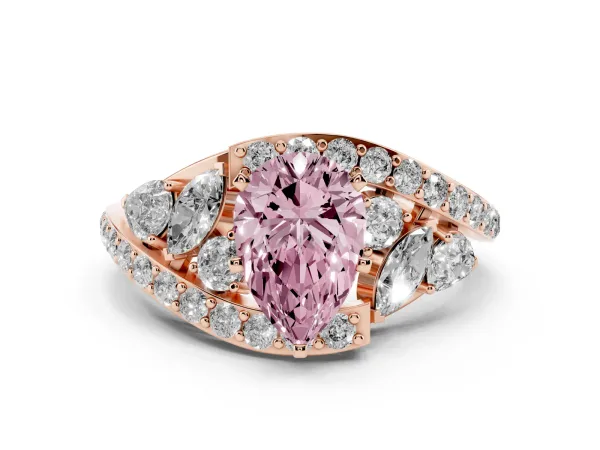 Fancy Pink Pear Cut Diamond Halo Ring with Marquise and Pavé Band in Prong Setting Rose gold