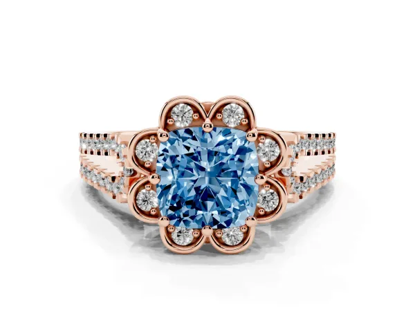 Fancy Blue Cushion Cut Halo Diamond Floral Split Shank Engagement Ring Rose gold