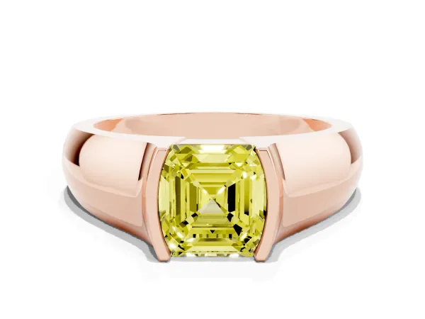 Fancy Yellow Asscher Cut Solitaire Bezel Set Diamond Ring with Wide Band Rose gold