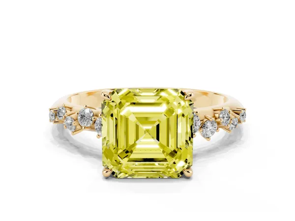 Fancy Yellow Asscher Cut Diamond Cluster Side Stone Solitaire Ring with Prong Setting Yellow gold