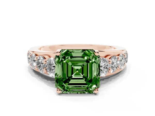 Fancy Green Asscher Cut Diamond Engagement Ring with Pavé Band and Four-Prong Setting Rose gold