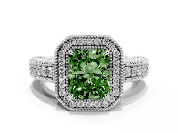 Fancy Green Radiant Cut Cut Halo Diamond Ring with Pavé Band and Four-Prong Setting White gold