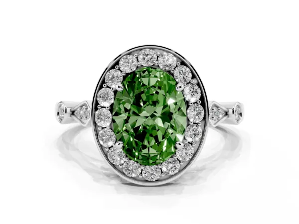 Fancy Green Oval Cut Halo Diamond Engagement Ring with Twisted Band and Four-Prong Setting White gold