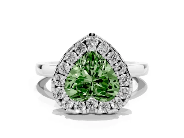 Fancy Green Heart Cut Halo Diamond Solitaire with Pavé Band and Four-Prong Setting White gold