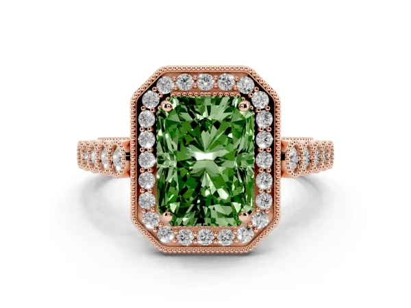 Fancy Green Radiant Cut Halo Milgrain Solitaire with Bezel Set Side Stones and Pave Band Rose gold