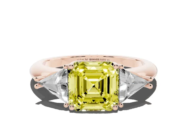 Fancy Yellow Three-Stone Asscher Cut Diamond Engagement Ring with Trillion Side Stones and Prong Setting Rose gold