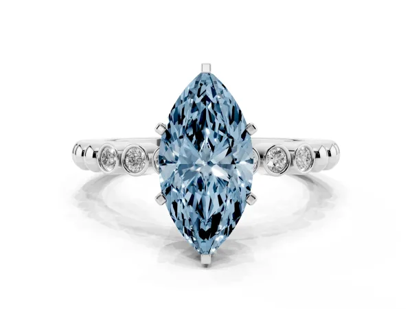 Fancy Blue Marquise Cut Solitaire Bezel Accent Diamond Engagement Ring with Beaded Band and Four-Prong Setting Platinum