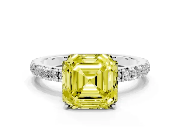 Fancy Yellow Asscher Cut Diamond Pavé Solitaire Engagement Ring with Four-Prong Setting Platinum