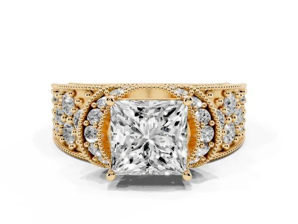 Princess Cut Halo Pave Diamond Engagement Ring with Milgrain Detailing Yellow gold