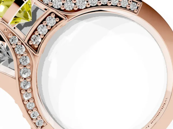 Fancy Yellow Round Cut Diamond Three-Stone Ring with Channel Set Band and Four-Prong Setting Rose gold