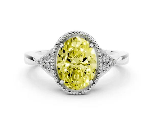 Fancy Yellow Hexagonal Halo Oval Cut Diamond Solitaire with Pavé Band and Four-Prong Setting Platinum