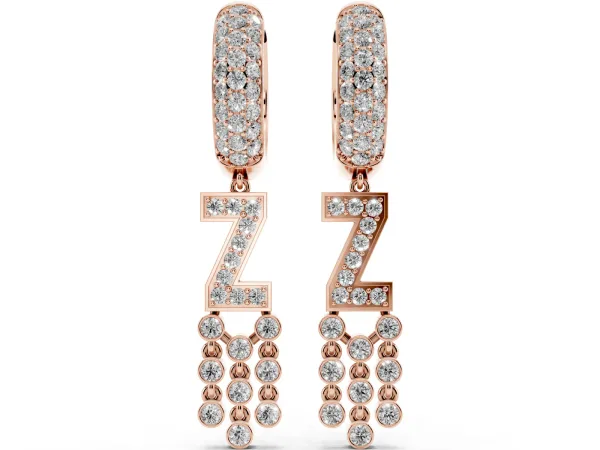 Round Diamond Initial Z Huggie Hoop Earrings Rose gold