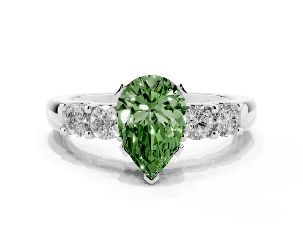 Fancy Green Pear Cut Brilliant Cut Diamond Five-Stone Prong Set Engagement Ring with Channel Band Platinum