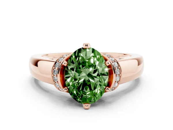 Fancy Green Oval Cut Solitaire Diamond Ring with Pave Band and Six-Prong Setting Rose gold