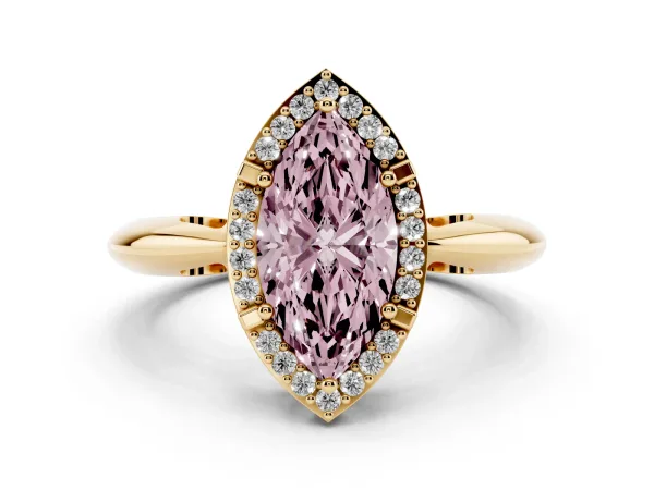 Fancy Pink Marquise Cut Cut Diamond Halo Engagement Ring with Split Shank and Four-Prong Setting Yellow gold