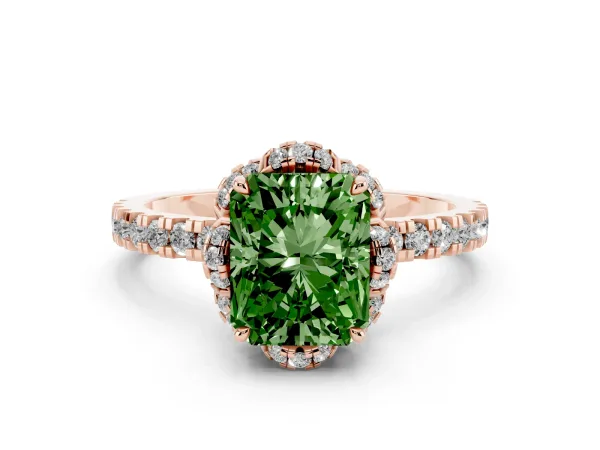 Fancy Green Radiant Cut Halo Diamond Pave Band Ring with Four-Prong Setting Rose gold