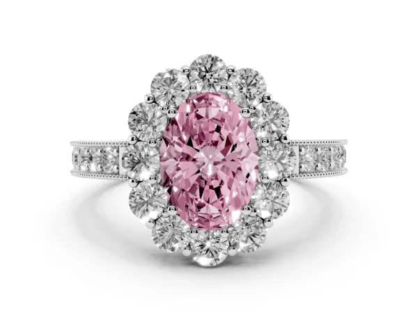 Fancy Pink Oval Cut Cut Halo Diamond Pavé Engagement Ring with Milgrain Detailing Platinum