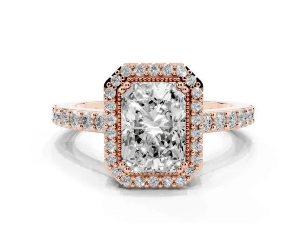 Radiant Cut Cut Diamond Halo Engagement Ring with Milgrain Detail and Pavé Band Rose gold