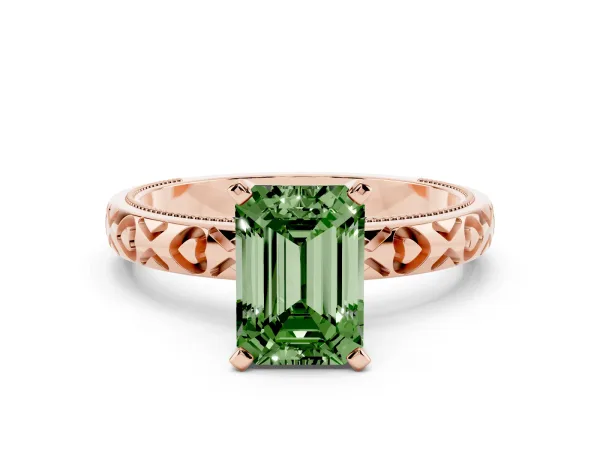 Fancy Green Emerald Cut Solitaire Diamond Engagement Ring with XO Engraved Band and Four-Prong Setting Rose gold