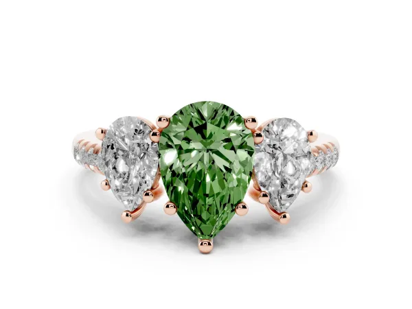 Fancy Green Three-Stone Pear Cut Diamond Ring with Round Pavé Band and Prong Setting Rose gold