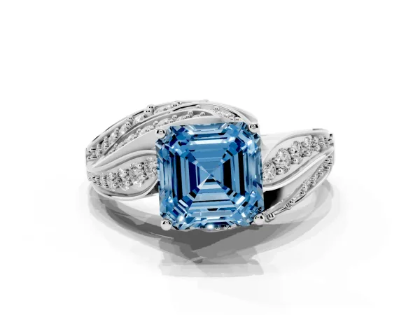 Fancy Blue Asscher Cut Diamond Solitaire Ring with Prong Setting and Twisted Pavé Band White gold