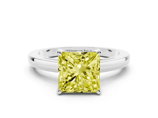 Fancy Yellow Princess Cut Solitaire Diamond Engagement Ring with Four-Prong Setting on a Classic Band White gold