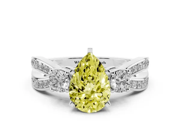 Fancy Yellow Three-Stone Pear Cut Cut Diamond Twist Band with Prong Setting White gold