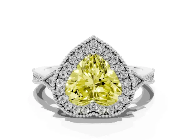 Fancy Yellow Heart Cut Halo Round Diamond Milgrain Pave Engagement Ring Platinum
