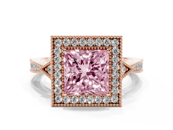 Fancy Pink Princess Cut Halo Round Diamond Milgrain Pave Engagement Ring Rose gold