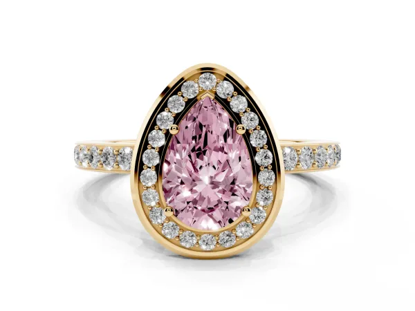 Fancy Pink Pear Cut Diamond Halo Ring with Bezel Frame and Pavé Band Yellow gold