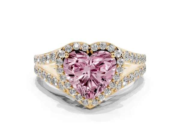 Fancy Pink Heart Cut Diamond Split Shank Halo Ring with Four-Prong Setting Yellow gold