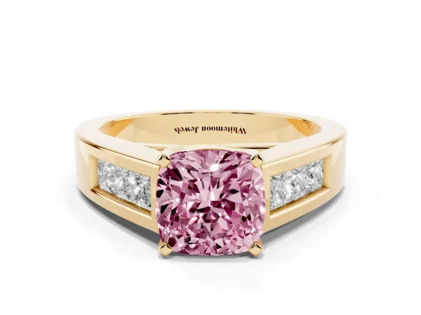 Fancy Pink Cushion Cut Cut Channel Set Solitaire Ring with Four-Prong Setting Yellow gold