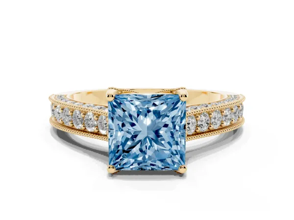 Fancy Blue Princess Cut Cut Diamond Solitaire Ring with Milgrain Pave Band and Four Prong Setting Yellow gold