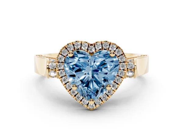 Fancy Blue Heart Cut Halo Round Diamond Twist Band with Four-Prong Setting Yellow gold