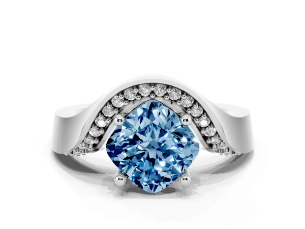 Fancy Blue Cushion Cut Solitaire Diamond Engagement Ring with Pave Band and Four-Prong Setting Platinum