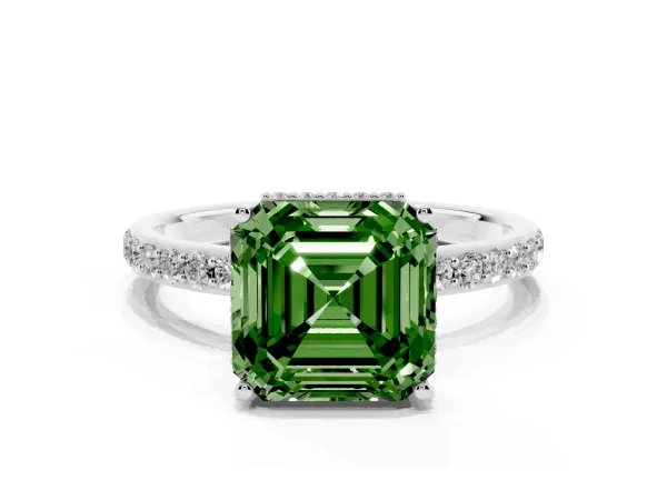Fancy Green Asscher Cut Diamond Solitaire Ring with Pavé Band and Hidden Halo White gold