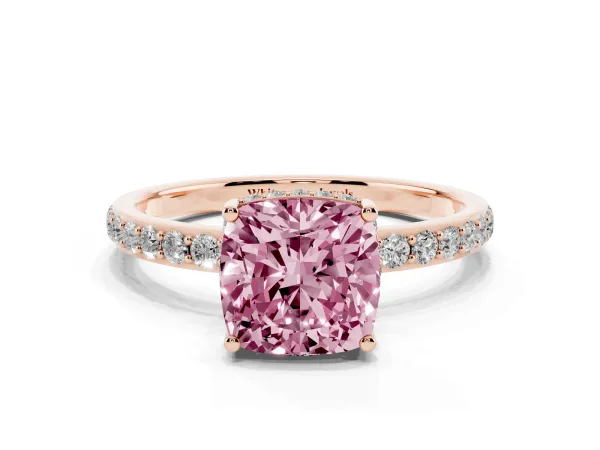 Fancy Pink Cushion Cut Diamond Solitaire Ring with Pavé Band and Hidden Halo Rose gold