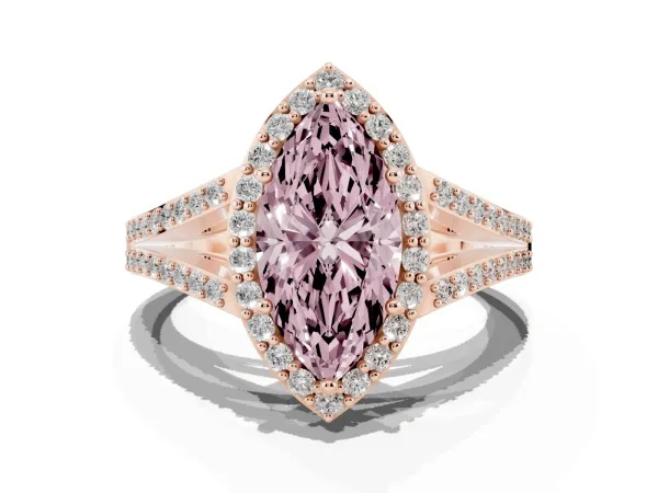Fancy Pink Marquise Cut Halo Split Shank Pave Diamond Ring with Four-Prong Setting Rose gold