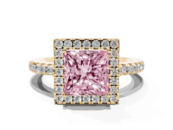 Fancy Pink Princess Cut Halo Diamond Engagement Ring with Pavé Band and Four-Prong Setting Yellow gold