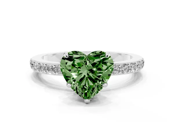 Fancy Green Heart Cut Diamond Pavé Engagement Ring with Round Accents and Prong Setting White gold