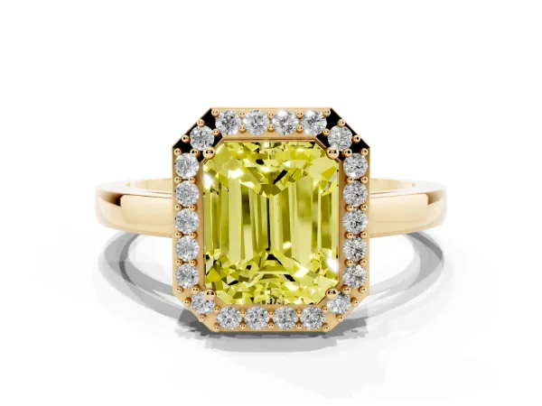 Fancy Yellow Radiant Cut Halo Diamond Ring with Solitaire Band and Prong Setting Yellow gold