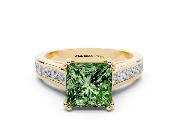 Fancy Green Princess Cut Cut Channel Set Solitaire Engagement Ring with Prong Setting Yellow gold