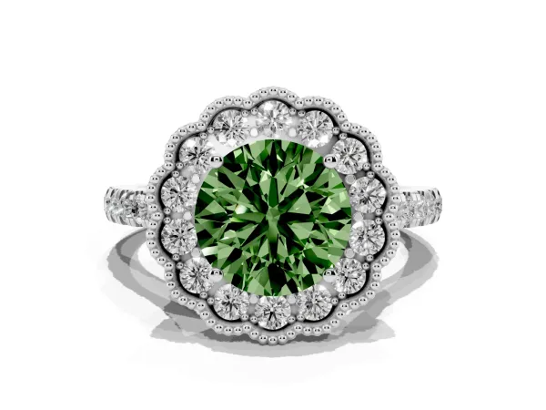 Fancy Green Round Cut Cut Diamond Milgrain Floral Halo Engagement Ring with Pavé Band White gold